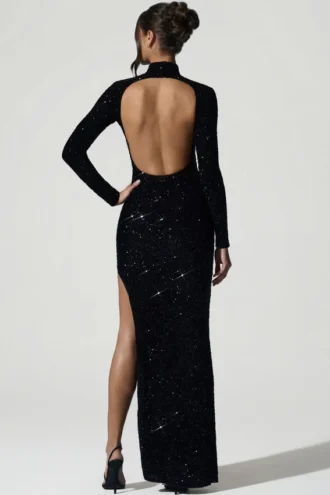 Robe Leonie à dos nu orné de paillettes, en noir