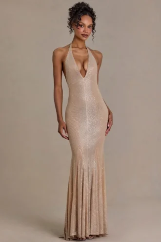 Robe longue asymétrique à décolleté plongeant et dos nu Ameline Premium, or beige