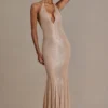 Robe longue asymétrique à décolleté plongeant et dos nu Ameline Premium, or beige Robe longue asymétrique à décolleté plongeant et dos nu Ameline Premium, or beige