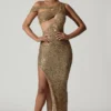 Robe longue asymétrique à découpes et ornements Persephone, couleur or Robe longue asymétrique à découpes et ornements Persephone, couleur or