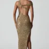 Robe longue asymétrique à découpes et ornements Persephone, couleur or Robe longue asymétrique à découpes et ornements Persephone, couleur or