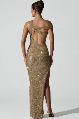 Robe longue asymétrique à découpes et ornements Persephone, couleur or