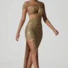 Robe longue asymétrique à découpes et ornements Persephone, couleur or Robe longue asymétrique à découpes et ornements Persephone, couleur or