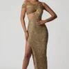 Robe longue asymétrique à découpes et ornements Persephone, couleur or Robe longue asymétrique à découpes et ornements Persephone, couleur or