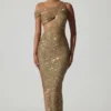Robe longue asymétrique à découpes et ornements Persephone, couleur or Robe longue asymétrique à découpes et ornements Persephone, couleur or