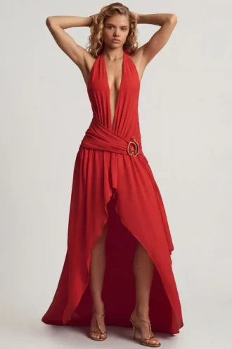 Robe longue asymétrique à dos nu Oliana en rouge piment