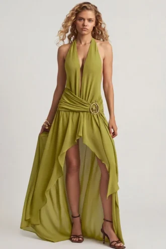 Robe longue asymétrique à dos nu Oliana en vert olive