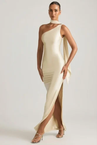 Robe longue asymétrique à détails foulard Sheril, couleur ivoire