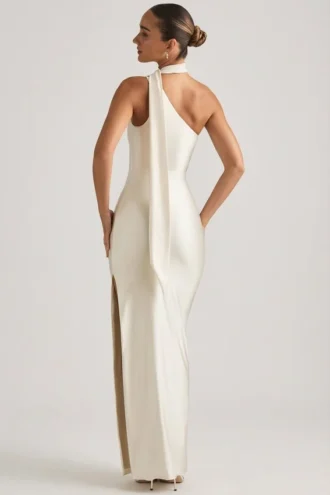 Robe longue asymétrique à détails foulard Sheril, couleur ivoire