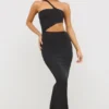 Robe longue asymétrique en jersey Kalina, découpes, couleur noire Robe longue asymétrique en jersey Kalina, découpes, couleur noire