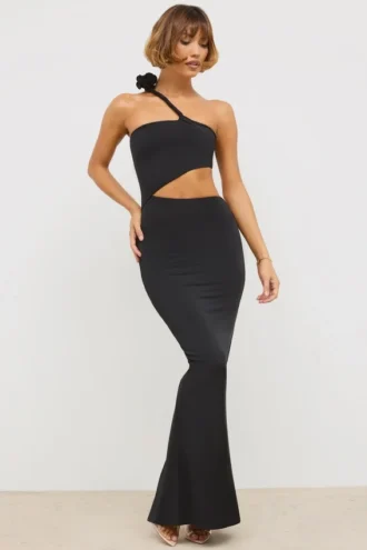 Robe longue asymétrique en jersey Kalina, découpes, couleur noire