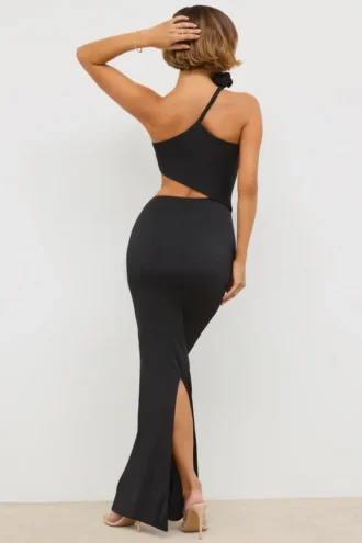 Robe longue asymétrique en jersey Kalina, découpes, couleur noire