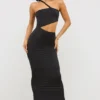 Robe longue asymétrique en jersey Kalina, découpes, couleur noire Robe longue asymétrique en jersey Kalina, découpes, couleur noire
