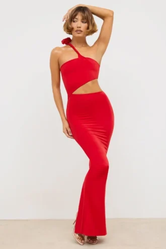 Robe longue asymétrique en jersey Kalina rouge écarlate