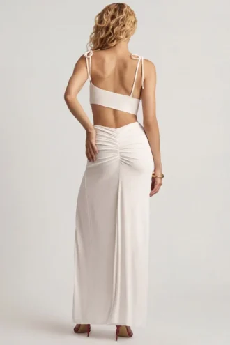 Robe longue asymétrique en jersey texturé Imara, couleur blanc