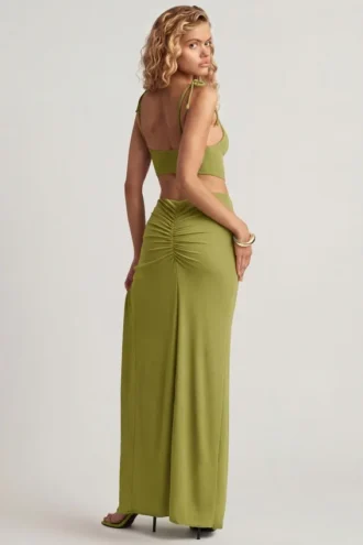 Robe longue asymétrique en jersey texturé Imara, vert olive