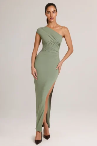 Robe longue asymétrique froncée Maude en modal, vert sauge
