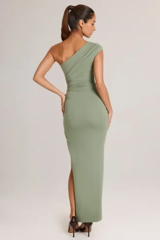 Robe longue asymétrique froncée Maude en modal, vert sauge