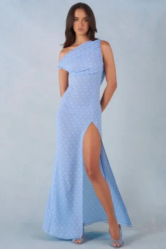 Robe longue asymétrique Nivara à imprimé pois bleus