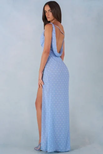 Robe longue asymétrique Nivara à imprimé pois bleus