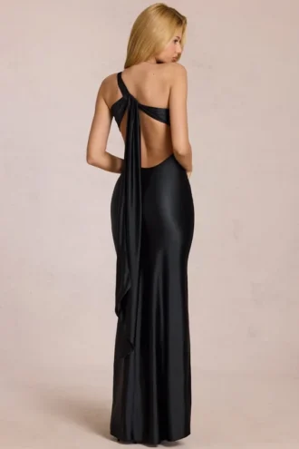 Robe longue asymétrique à nouer dans le dos Adelina, en noir