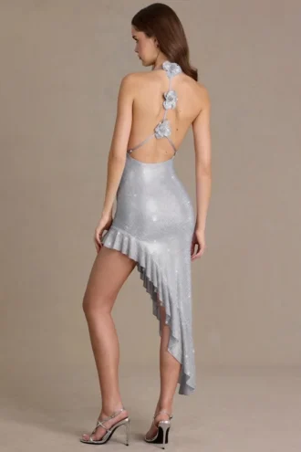 Robe longue asymétrique plongeante ornée Vivienne Premium, couleur argent