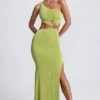 Robe longue asymétrique Rosalia avec détails métalliques, vert olive Robe longue asymétrique Rosalia avec détails métalliques, vert olive