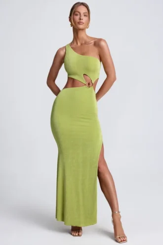 Robe longue asymétrique Rosalia avec détails métalliques, vert olive