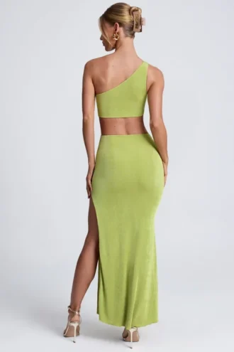 Robe longue asymétrique Rosalia avec détails métalliques, vert olive