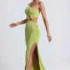 Robe longue asymétrique Rosalia avec détails métalliques, vert olive Robe longue asymétrique Rosalia avec détails métalliques, vert olive