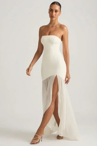 Robe longue asymétrique sans bretelles Melina, couleur ivoire