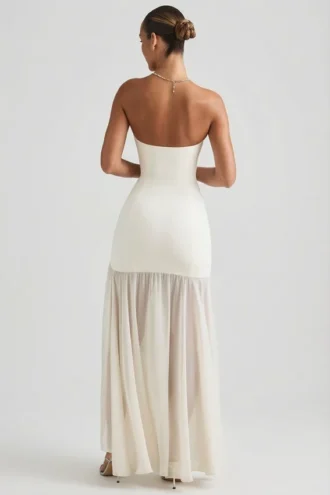 Robe longue asymétrique sans bretelles Melina, couleur ivoire