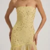 Robe longue asymétrique semi-transparente ornée Kerra, couleur jaune Robe longue asymétrique semi-transparente ornée Kerra, couleur jaune