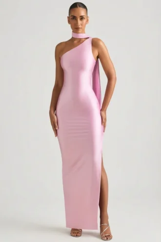 Robe longue asymétrique Sheril avec détail foulard, rose pâle