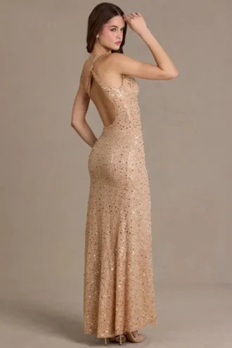 Robe longue asymétrique à une épaule ornée de paillettes Violette, couleur beige doré