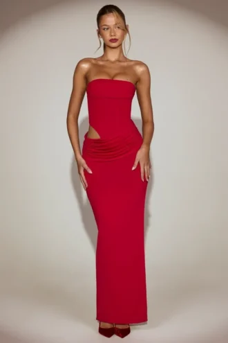 Robe longue bandeau à découpes en jersey doux Zorya, couleur rouge vif