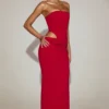 Robe longue bandeau à découpes en jersey doux Zorya, couleur rouge vif Robe longue bandeau à découpes en jersey doux Zorya, couleur rouge vif
