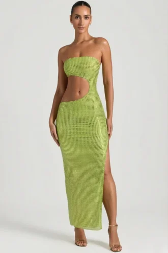 Robe longue bandeau à découpes et ornements Alamea, vert poire