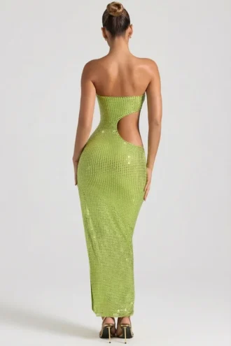 Robe longue bandeau à découpes et ornements Alamea, vert poire