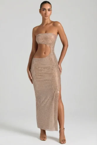 Robe longue bandeau à découpes ornées Alamea, couleur miel