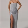 Robe longue à bandeau et taille drapée La Rochette, argentée