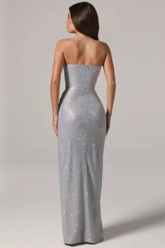 Robe longue à bandeau et taille drapée La Rochette, argentée