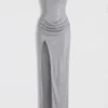 Robe longue à bandeau et taille drapée La Rochette, argentée