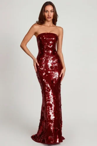 Robe longue bandeau Nottola avec ornements 3D, rouge