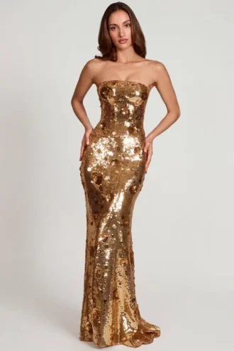Robe longue bandeau Nottola à ornements 3D, couleur or