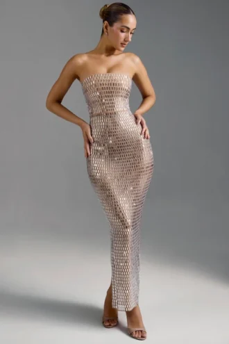 Robe longue bandeau ornée Amaya, couleur amande
