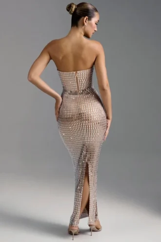 Robe longue bandeau ornée Amaya, couleur amande