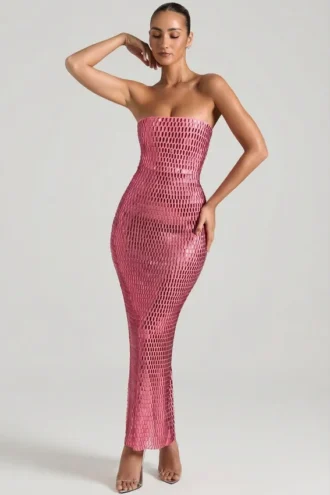 Robe longue bandeau sans bretelles Amaya ornée, couleur pastèque