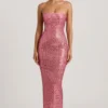 Robe longue bandeau sans bretelles Amaya ornée, couleur pastèque Robe longue bandeau sans bretelles Amaya ornée, couleur pastèque