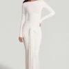 Robe longue à col bateau et fronces en jersey doux Mericia, couleur blanche Robe longue à col bateau et fronces en jersey doux Mericia, couleur blanche